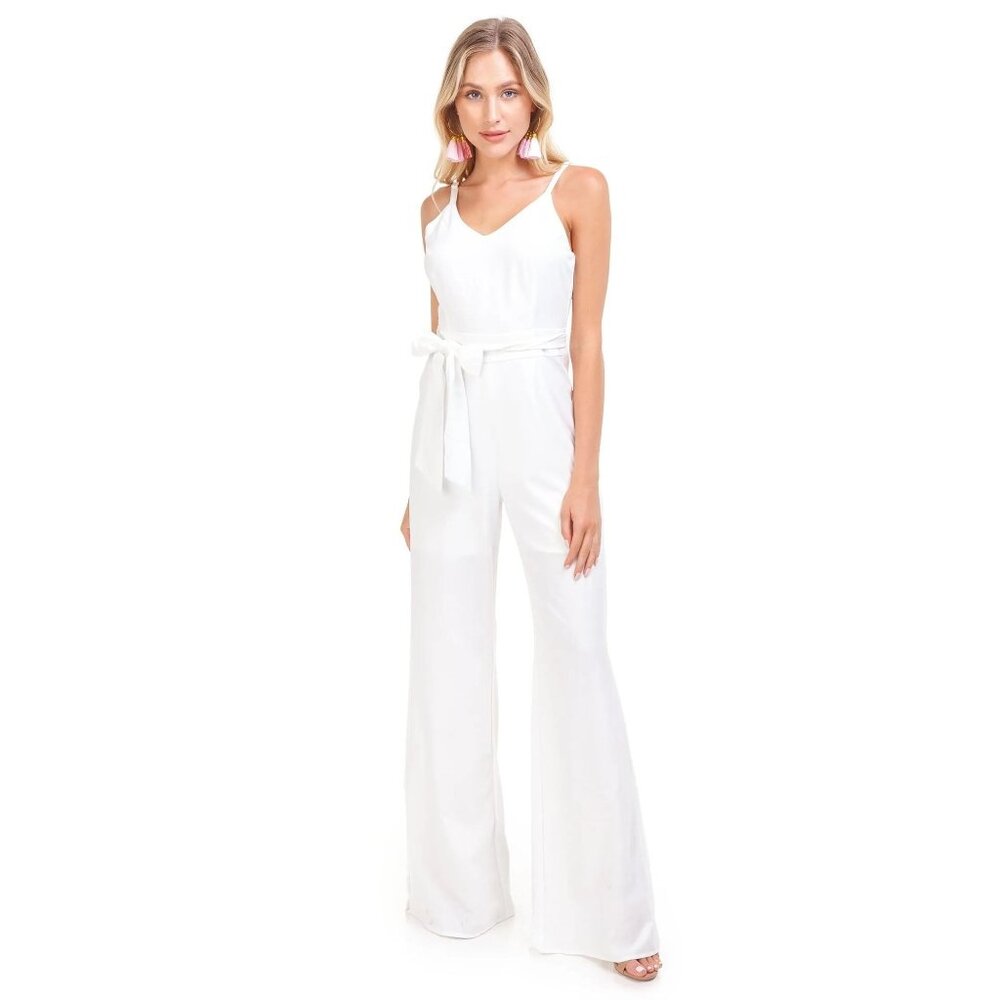 Line + Dot marlien White Sleeveless Jumpsuit sz large leg slits bridal wedding